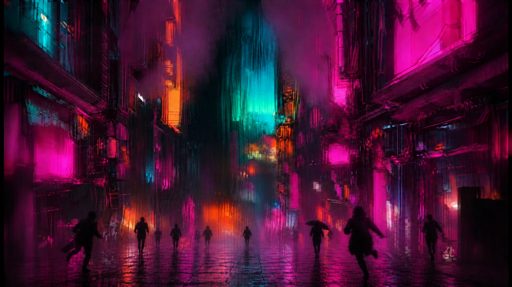 Une rue urbaine nocturne en néons, des silhouettes en marche.